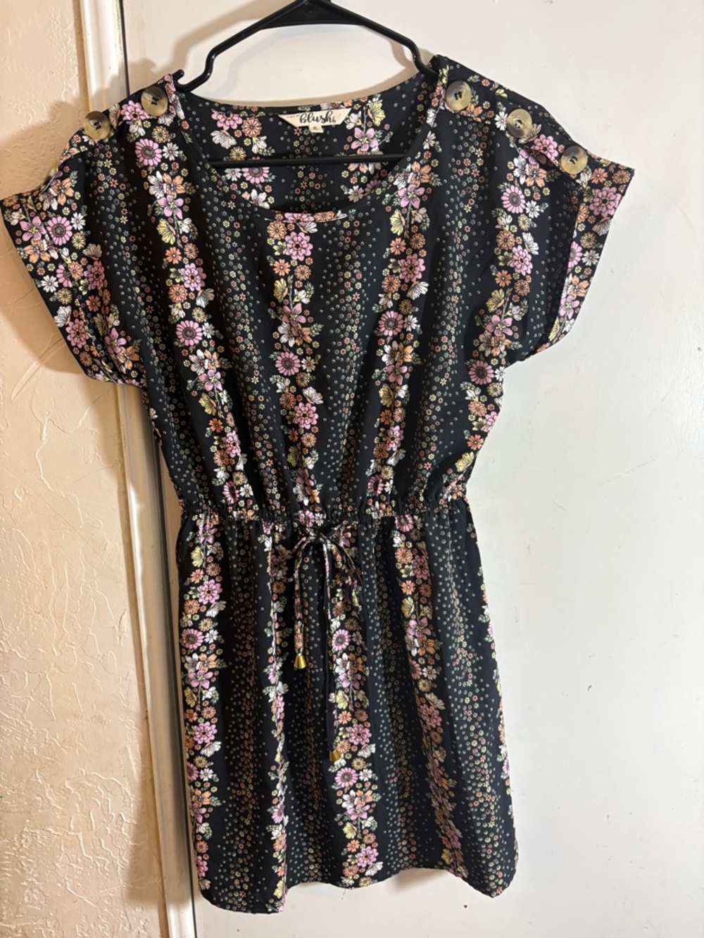 Blush Black Floral Drawstring Casual Dress